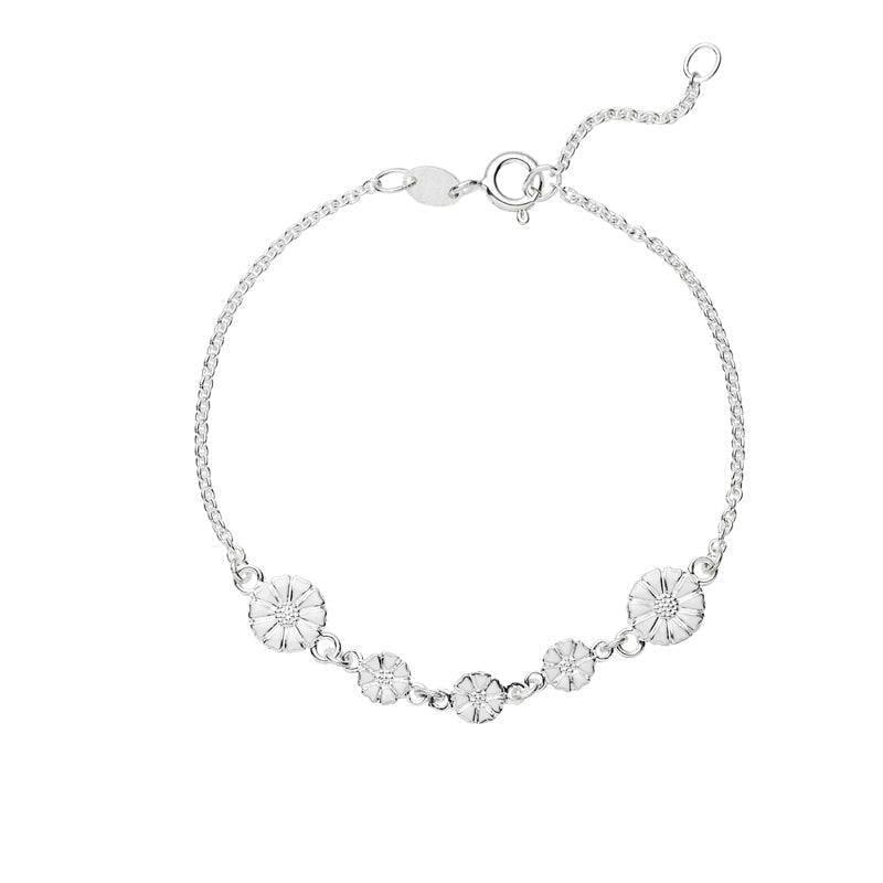 Daisy silver bracelet with fine daisy flowers on chain in shiny silver finish, Model 90117519-h-90117519-h-1