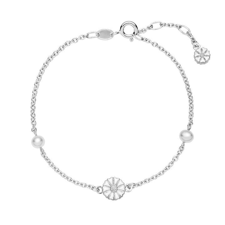 Daisy silver bracelet with pearls can be seen in detail, silver chain with daisy flower and pearls, Model 9015039-33-h