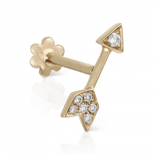 Maria Tash 10mm Diamond Arrow Threaded Stud in gold with small diamonds, elegant detail shot. Model xar10d-001-1