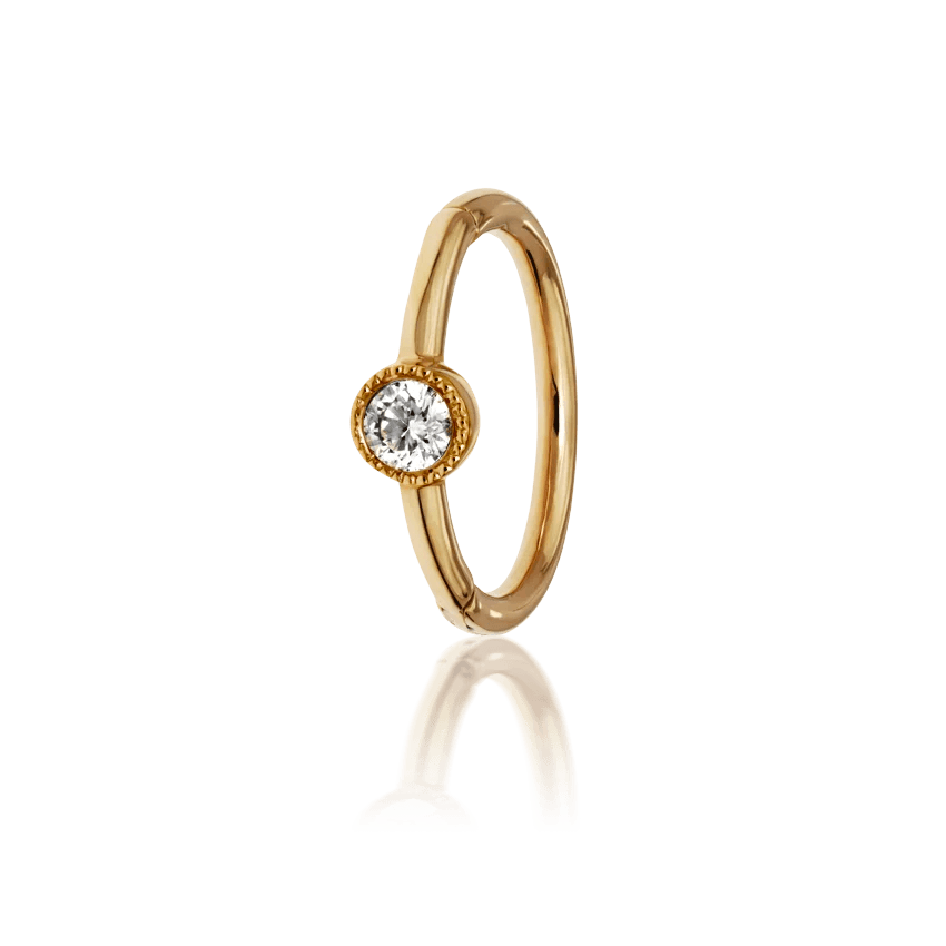 Maria Tash 8mm Scalloped Diamond Hoop Clicker in yellow gold with one diamond detail, Model xrscd-yg-d8-1.