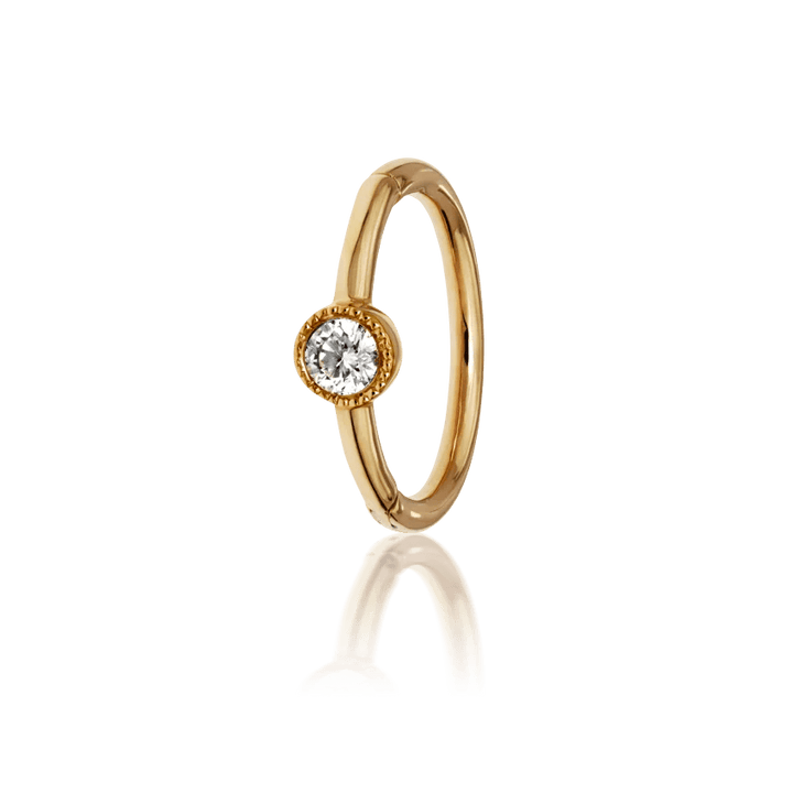 Maria Tash 8mm Scalloped Diamond Hoop Clicker in yellow gold with one diamond detail, Model xrscd-yg-d8-1.