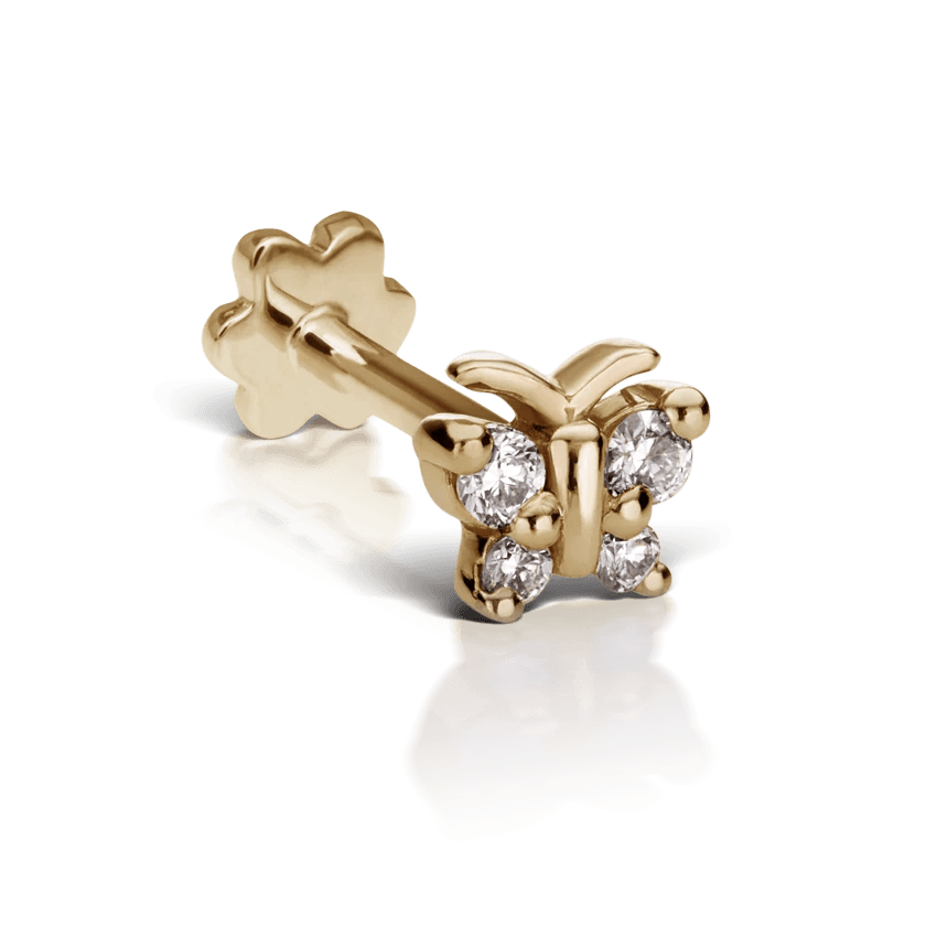 Maria Tash Diamond Butterfly, a gold earring with a butterfly shape decorated with diamonds. Model XBYD-YG-W4-001-1.