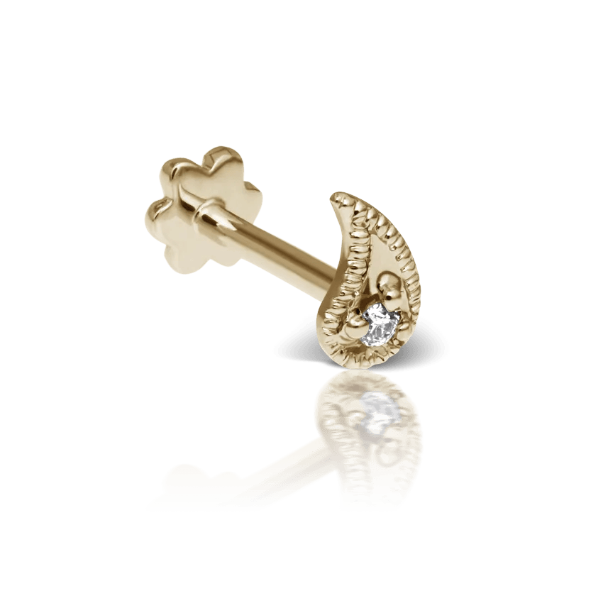 Maria Tash Diamond Paisley Threaded Stud Left is shown as a small gold stud with diamond and detailed pattern, Model xpaisld-yg-w5-l-001-1.