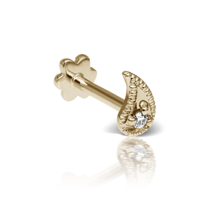 Maria Tash Diamond Paisley Threaded Stud Left is shown as a small gold stud with diamond and detailed pattern, Model xpaisld-yg-w5-l-001-1.