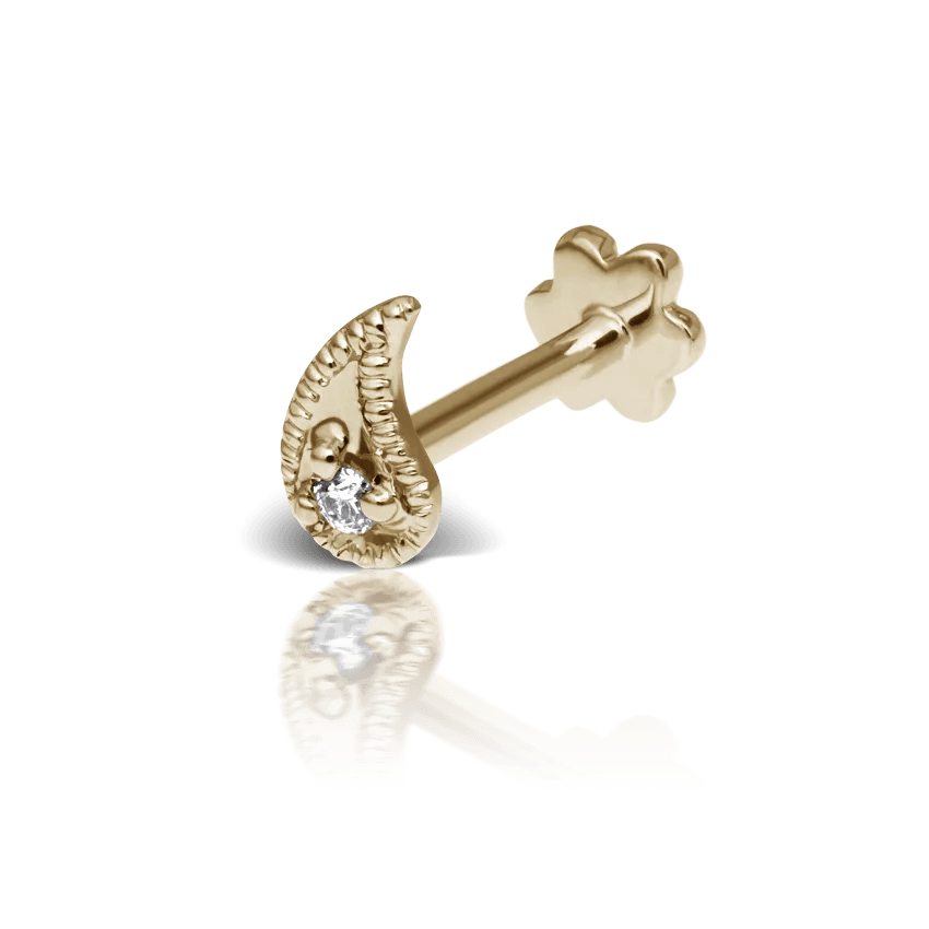 Maria Tash Diamond Paisley Threaded Stud Right in gold with a single diamond, elegant detail. Model XPAISD-YG-W5-R-001-1