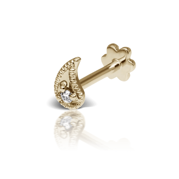 Maria Tash Diamond Paisley Threaded Stud Right in gold with a single diamond, elegant detail. Model XPAISD-YG-W5-R-001-1