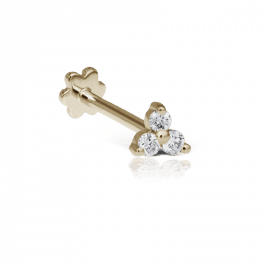 Maria Tash Diamond Trinity Threaded Stud in gold with three clear diamonds, Model x3dtrd-001-1.
