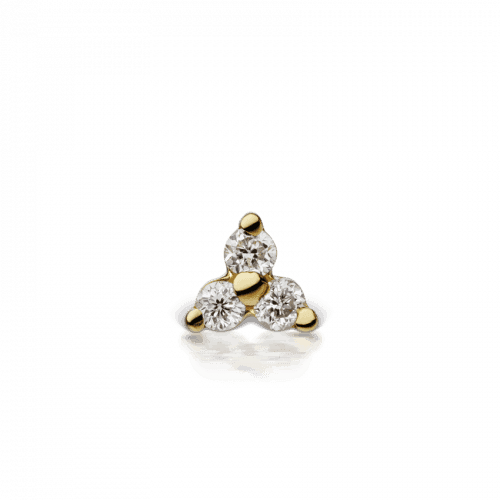 Maria Tash Diamond Trinity Threaded Stud with three diamonds in gold, detail view. Model x3dtrd-001-2.