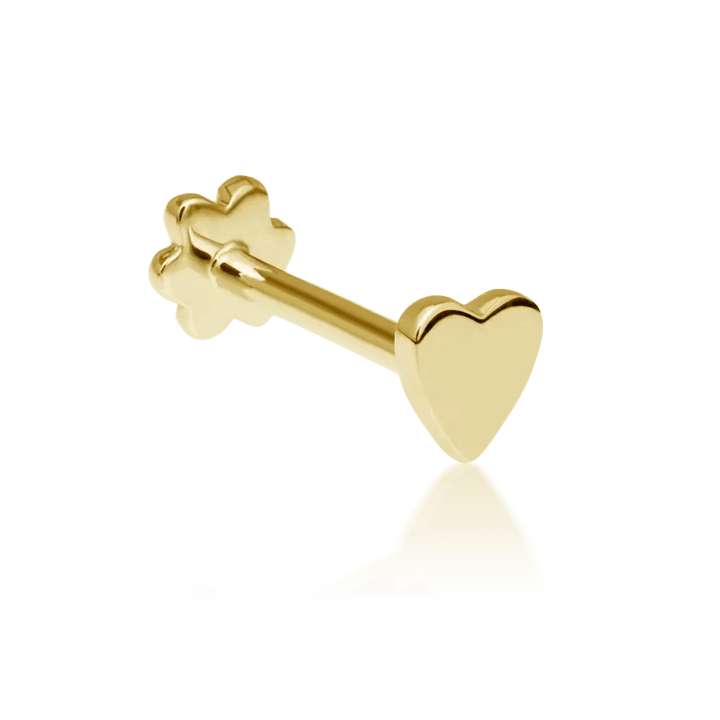 The Maria Tash Heart Threaded Stud is shown as a shiny heart-shaped stud in bright gold. Model xheart-yg-w3-001-1.