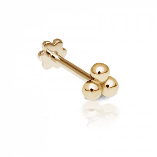 Maria Tash Large Three Ball Trinity Threaded Stud in gold-tone metal, front view. Model x3btrl-001.