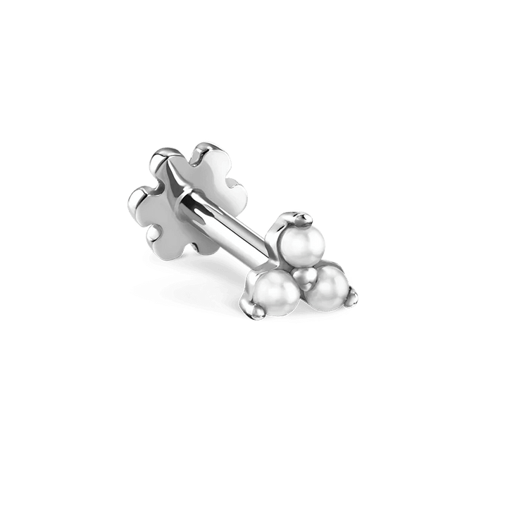 Maria Tash Pearl Trinity Stud white gold showing detail of earring in white gold with three pearls. Model xtrpe-wg-w3-001