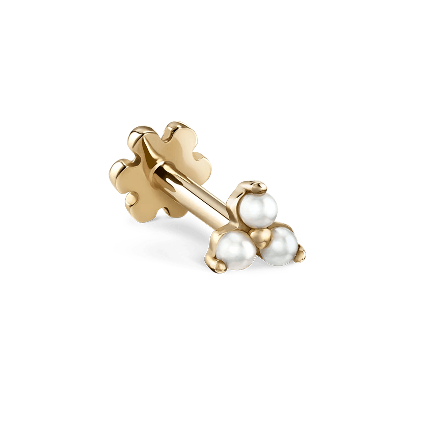 Maria Tash Pearl Trinity Stud in gold with three small white pearls, minimalist detail photo. Model XTRPE-YG-W3-001