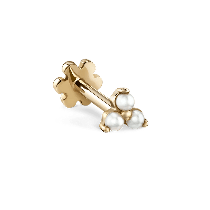Maria Tash Pearl Trinity Stud in gold with three small white pearls, minimalist detail photo. Model XTRPE-YG-W3-001