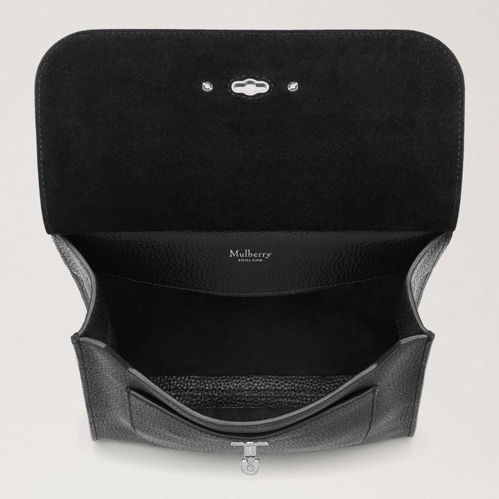 Mulberry Antony N Classic Grain Black/Silver bag's open interior with black leather and spacious pocket.