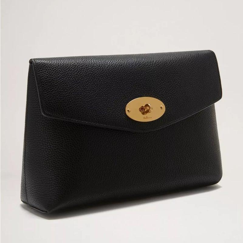 Mulberry Darley Cosmetic Pouch in black embossed leather with gold-colored metal buckle, Model RL5077-205A100.