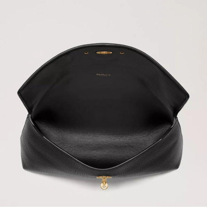 Mulberry Darley Cosmetic Pouch black classic grain shows open black leather case with gold closure. Model RL5077205A100