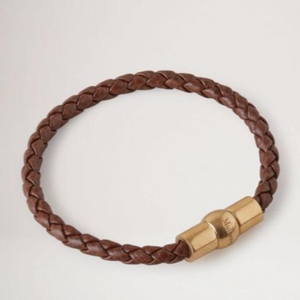 Mulberry Iris Woven Leather Bracelet, brown woven leather bracelet with golden magnetic clasp, Model QB2375552G110-001