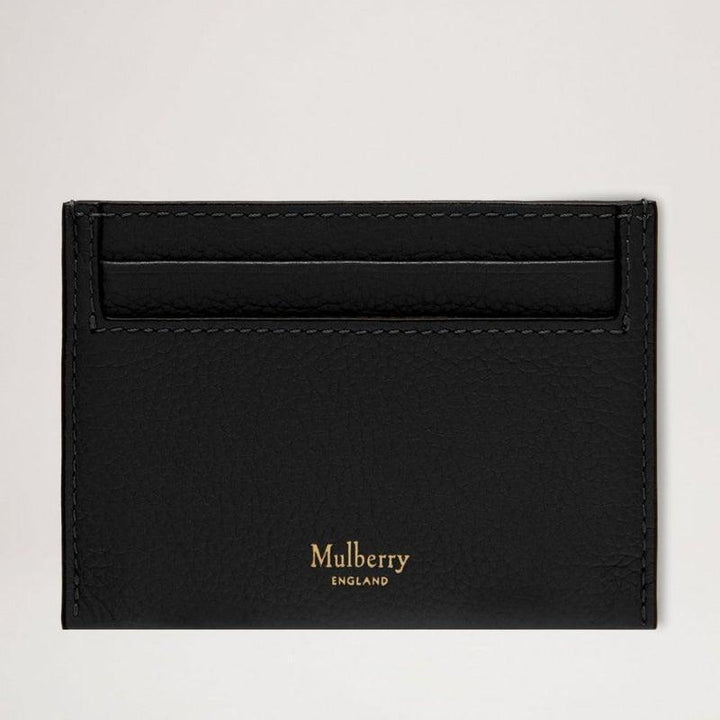 Mulberry Card holder Continental Credit Card Slip Natural Grain Black shown from the front in black leather with gold print. Model RL4644/205A100