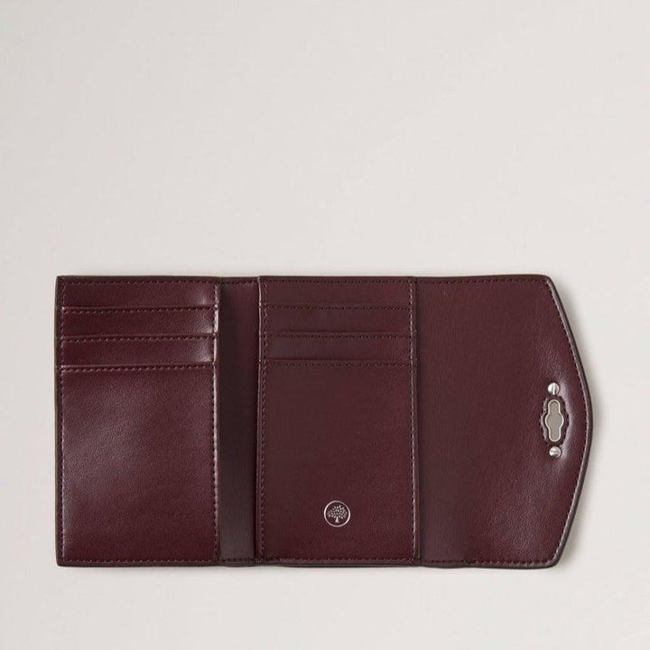 Mulberry Purse Darley Folded Wallet High Shine Leather shown open in dark red leather, Model RL6829213A100.