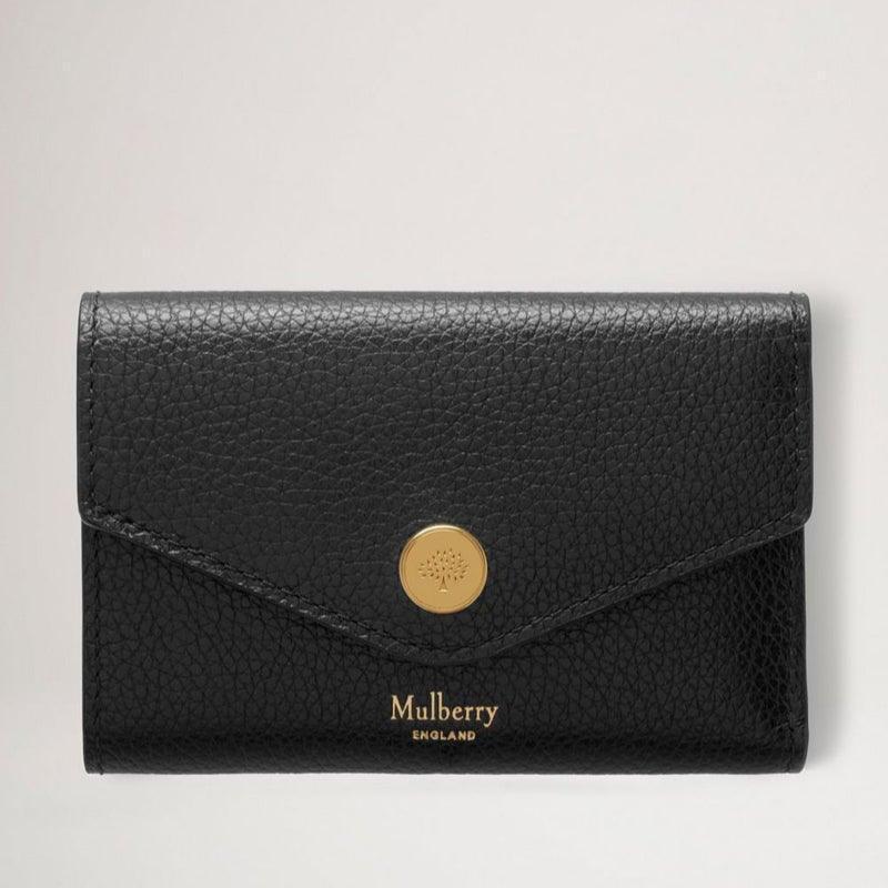 Mulberry Wallet Folded Multi Card Wallet Black with structured black leather and golden button, Model RL6447205A100