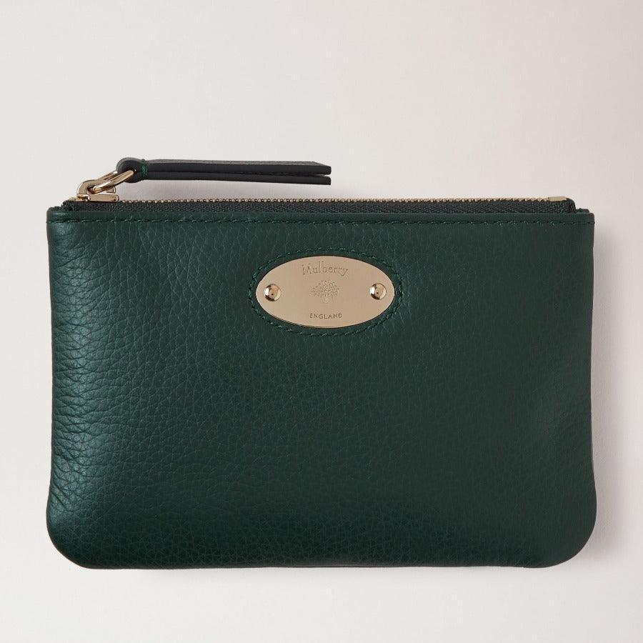 Mulberry Purse Plaque Small Zip Coin Pouch in dark green leather with metal plate detail, Model RL7067205Q633.