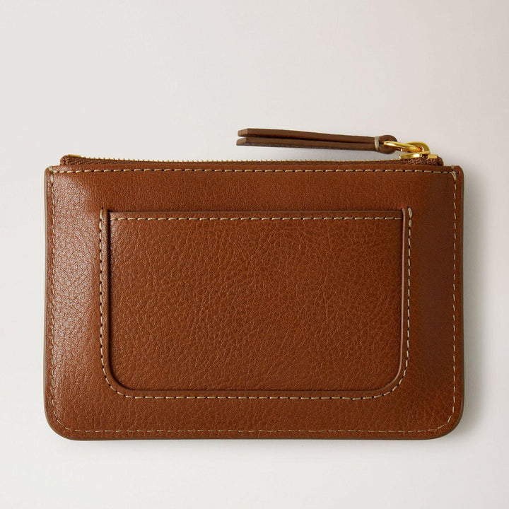 Mulberry Purse Plaque Small Zip Pouch Oak NVT Legacy in smooth brown leather with zipper detail. Model RL7084275G110.
