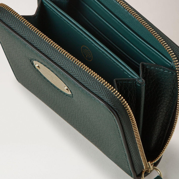 Mulberry Wallet Plaque Small Zip Wallet shows green leather wallet with gold zipper, detail framing. Model RL5680205Q633