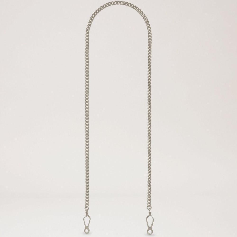 Mulberry Silver Chain Strap shown on white background, elegant silver metal chain strap, Model rx0028669d111