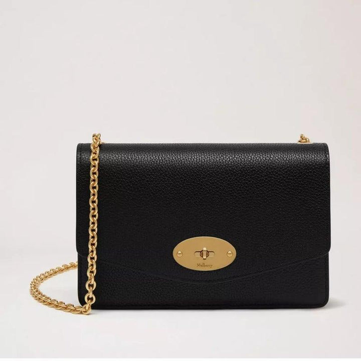 Mulberry Small Darley black bag in classic grain leather with gold chain, Model RL5004205A100