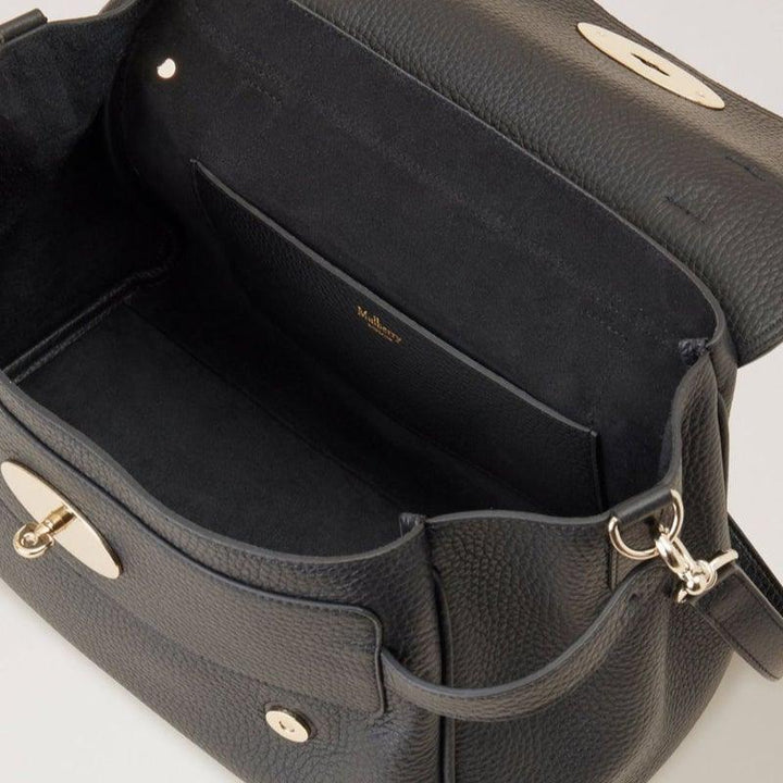 Mulberry Bag Alexa Black Heavy Grain shows spacious black leather interior with gold colored details.