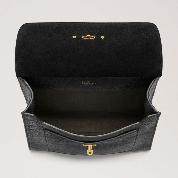 Mulberry Bag Antony Small Classic Grain Black with open flap, black leather and gold details. Model hh4645205a100