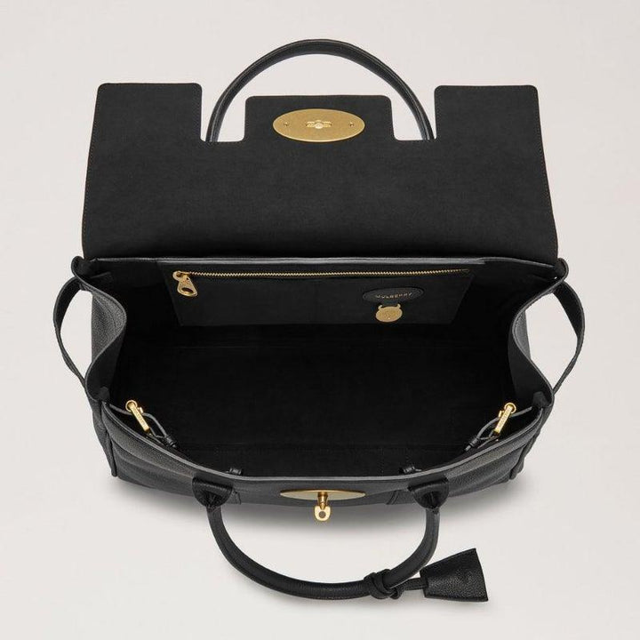 Mulberry Bag Bayswater Black Classic Grain shows spacious, black interior with gold details. Model HH2873205A217