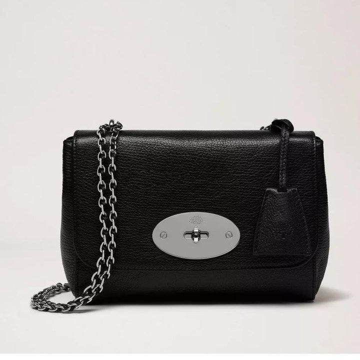 Mulberry Bag Lily Black Glossy Goat, classic black shoulder bag in glossy leather with silver chain. Model HH1567874A237