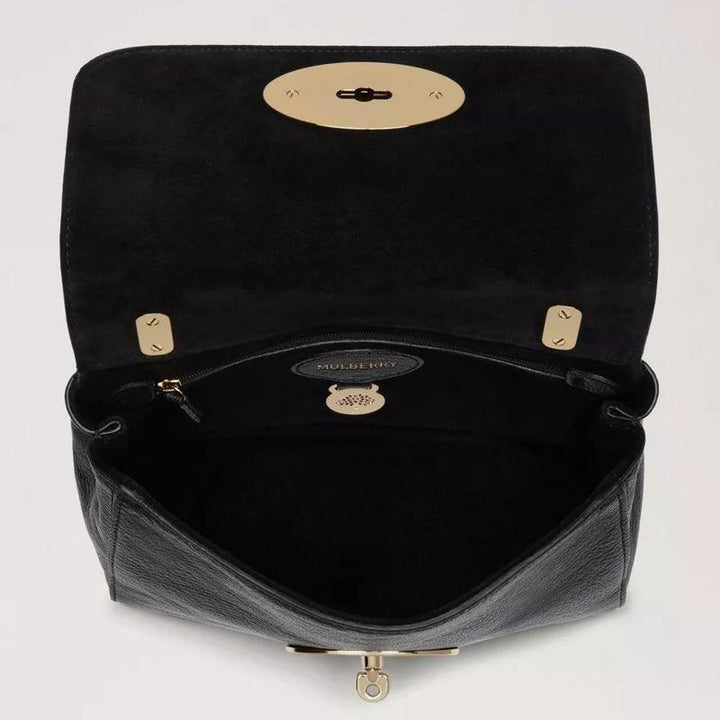 Mulberry Bag Lily Black Glossy Goat with open lid and black leather lining, detail of the inside. Model HH3288874A100