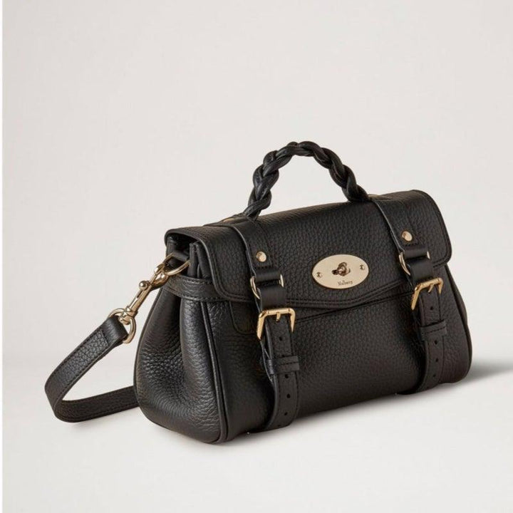 Mulberry Bag Mini Alexa Heavy Grain Black, black leather bag with braided handle and gold details. Model RL6595736A100