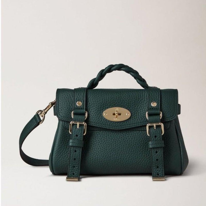 Mulberry Bag Mini Alexa Heavy Grain Mulberry Green shows a small green leather bag with a braided handle and golden buckles. Model RL6595736Q633