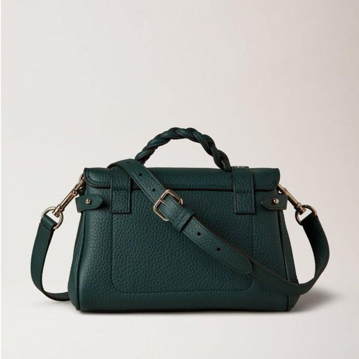 Mulberry Bag Mini Alexa Heavy Grain Mulberry Green with braided handle and adjustable strap, seen from the back. Model RL6595736Q633