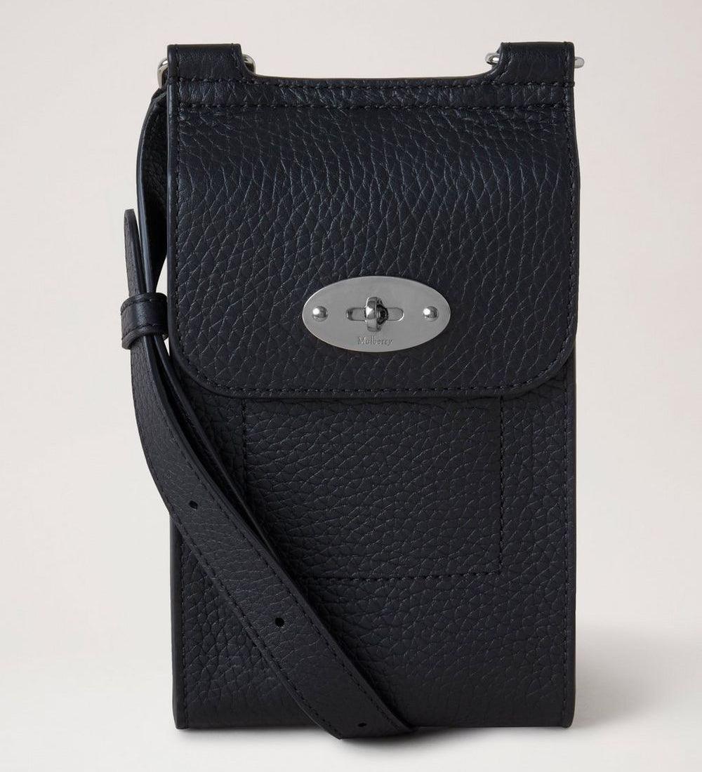 Mulberry Bag Mini Antony Black shows a black leather bag with a long strap and silver buckle. Model RL6874736A100.