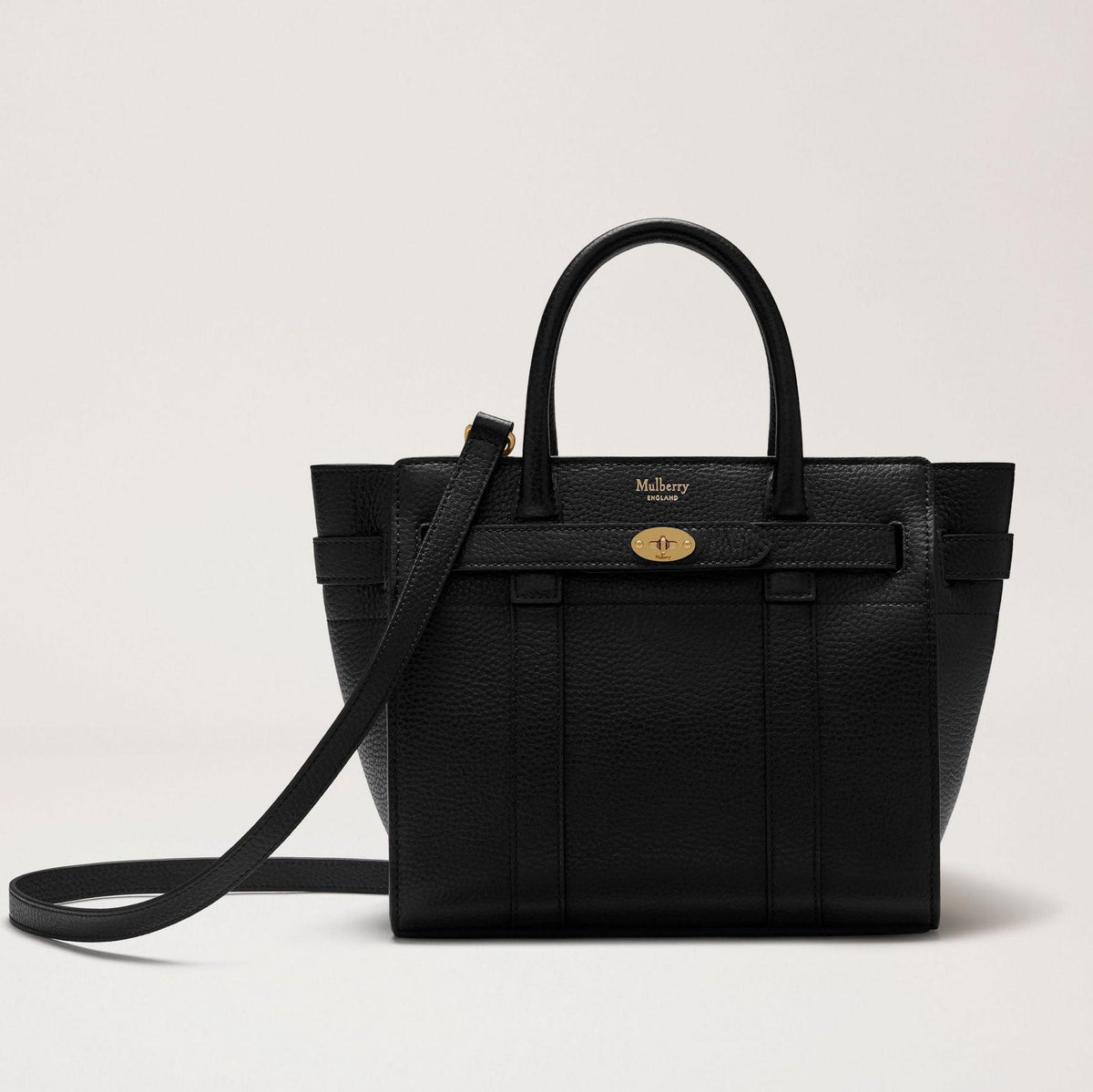 Mulberry Bag Mini Zipped Bayswater Small Classic Grain Black, black leather bag with gold details and adjustable shoulder strap. Model hh4949205a100