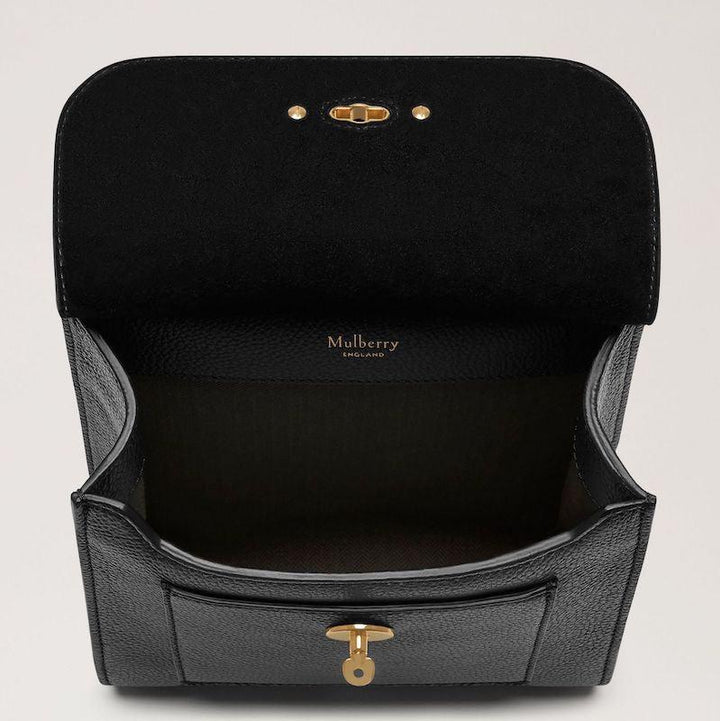 Mulberry Bag Small Antony N Small Classic Grain Black shows open black leather bag with gold buckle, interior visible. Model hh5193205a100