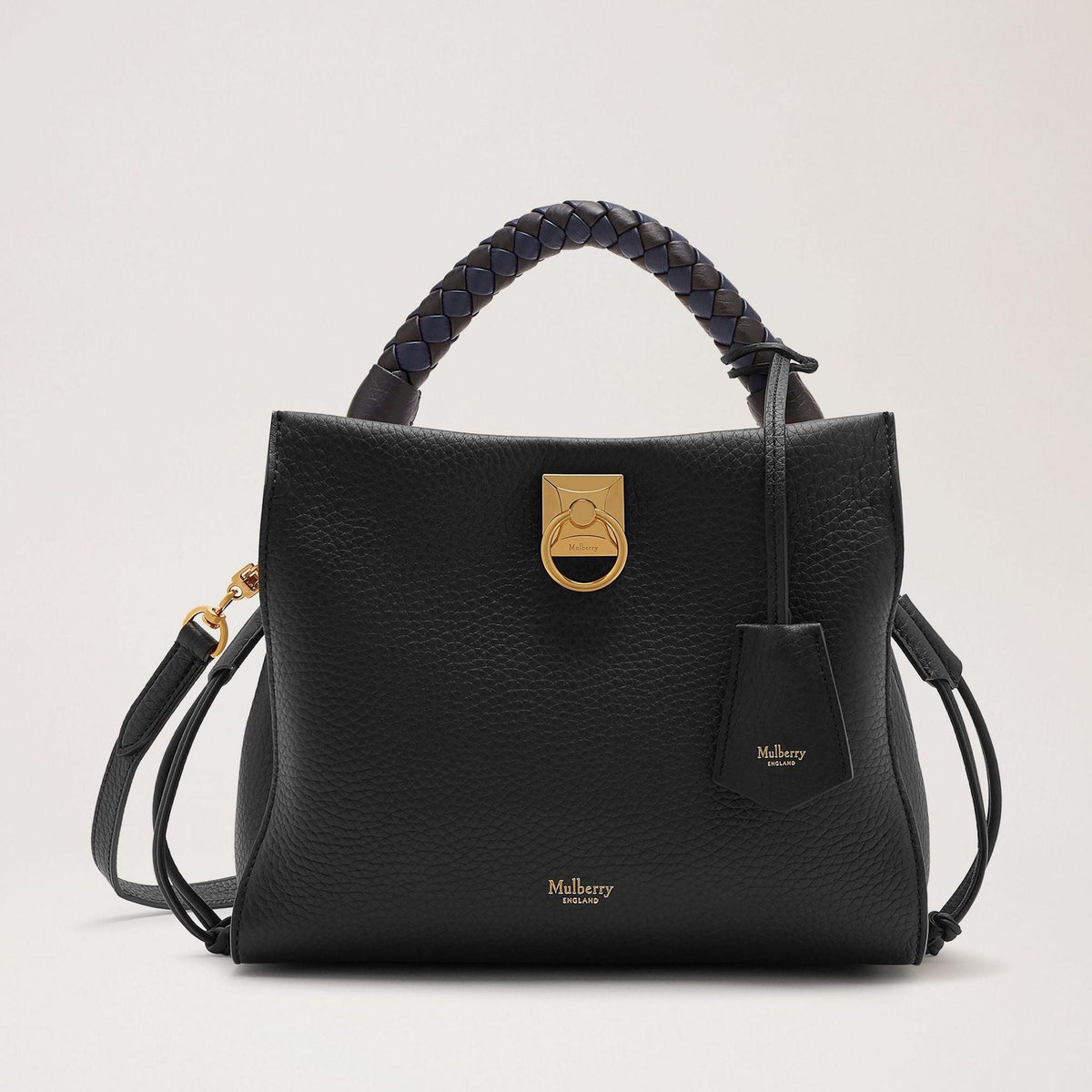 Mulberry Bag Small Iris Heavy Grain Black in black leather with braid detail and gold buckle. Model HH6267000A100