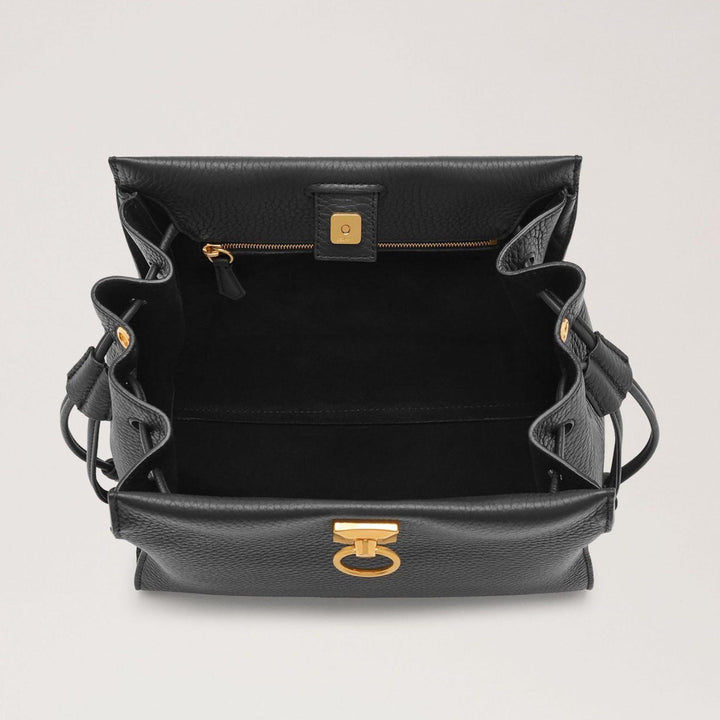 Mulberry Bag Small Iris Heavy Grain Black, open black leather bag with gold buckle and smooth interior pocket. Model HH6267000A100