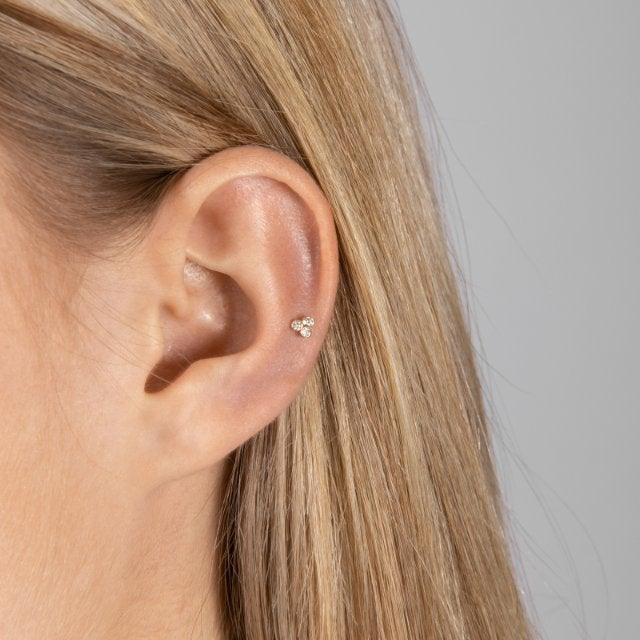 Nordahl 14kt Gold Piercing 0.04ct appears on an ear with light hair, small elegant design. Model 314007br5