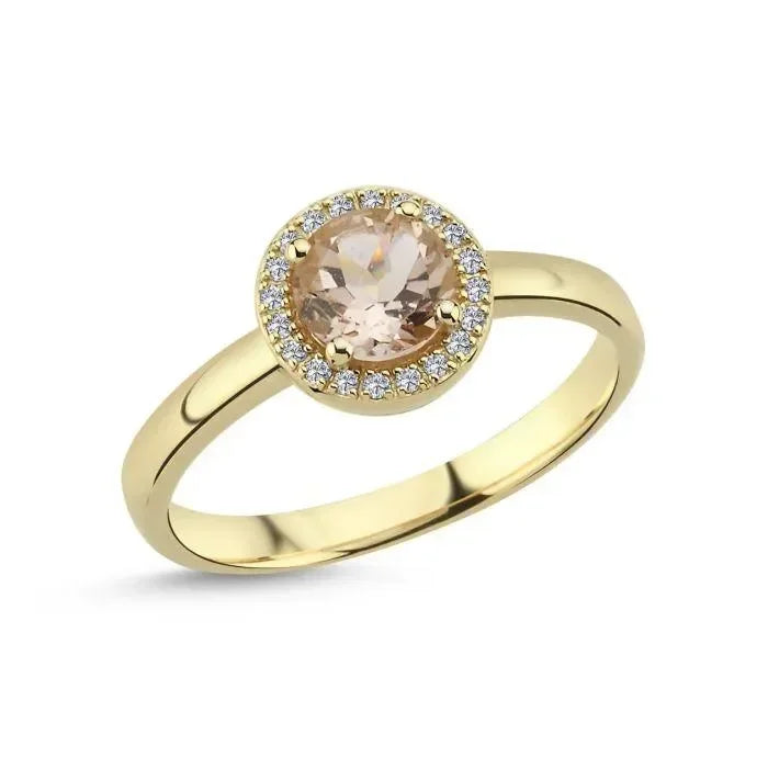 nuran-14kt-grace-ring-with-morganite-and-diamonds shows an elegant gold ring with round morganite and small diamonds. Model a2223mo-010rg-001