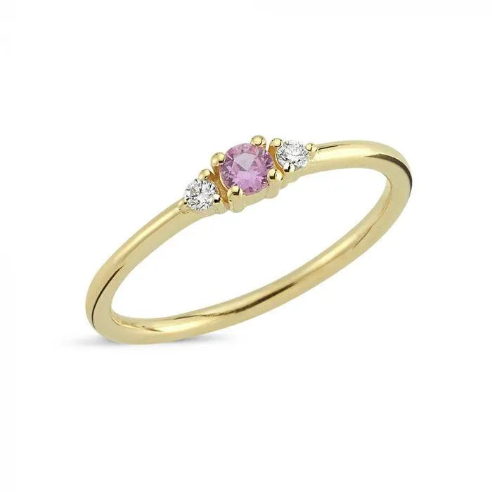 Nuran 14kt Petit Ring Pink Sapphire and Diamonds shows a slim gold ring with a pink sapphire and two diamonds, Model R1110LS-005-001-1.