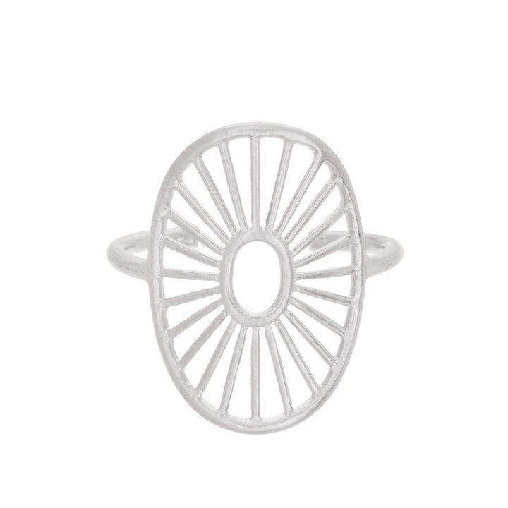 Pernille Corydon Daylight Ring R-571-S features a round, silver-tone ring with open, ray line detail. Model R-571-S-001-1