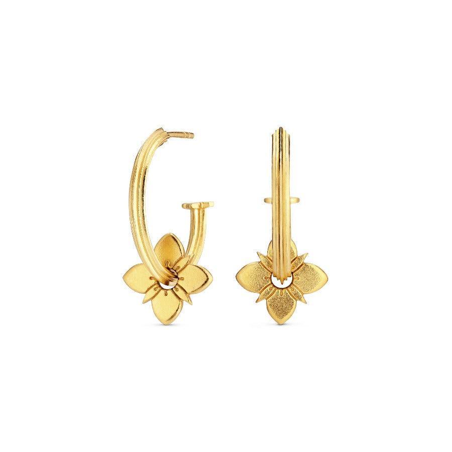 Polar Healing Hoops, gold plated earrings with flower detail shown against white background. Model HEA-HP-GD-00611-1