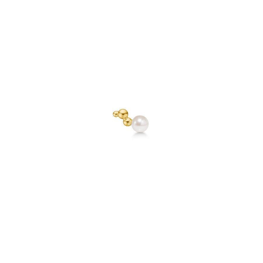 POLAR JEWELRY Bubble Gold Plated Earring Right shows elegant earrings in gold plated metal and freshwater pearl. Model: BUB-ST-R-GD-WP-00110-1