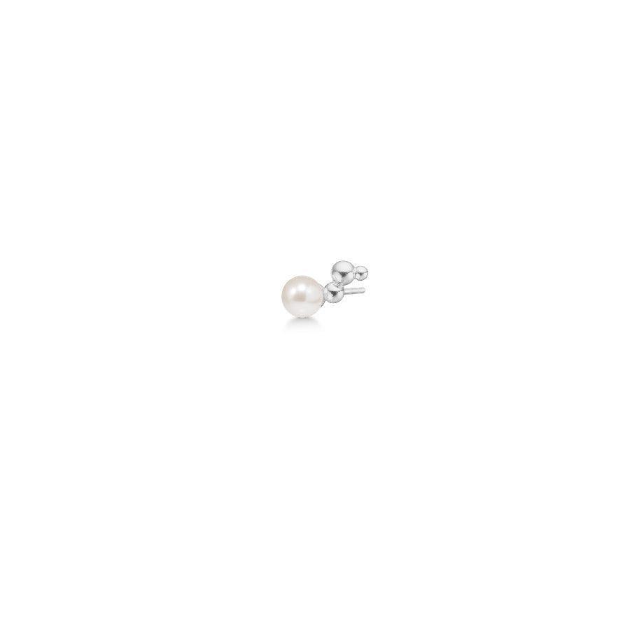 Polar Jewelry Bubble Silver Earring Left with white pearl and small silver balls on a white background. Model bub-st-l-sl-wp-00141-1