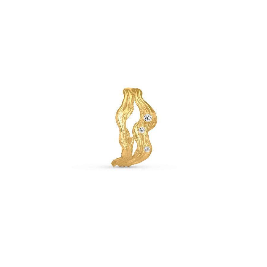 The Polar Jewelry Cosmos Gold-Plated Hoop Single features an organically shaped creole in gold-colored metal with three sparkling stones on a white background. Model COS-HP-GD-WZ-00403-1.